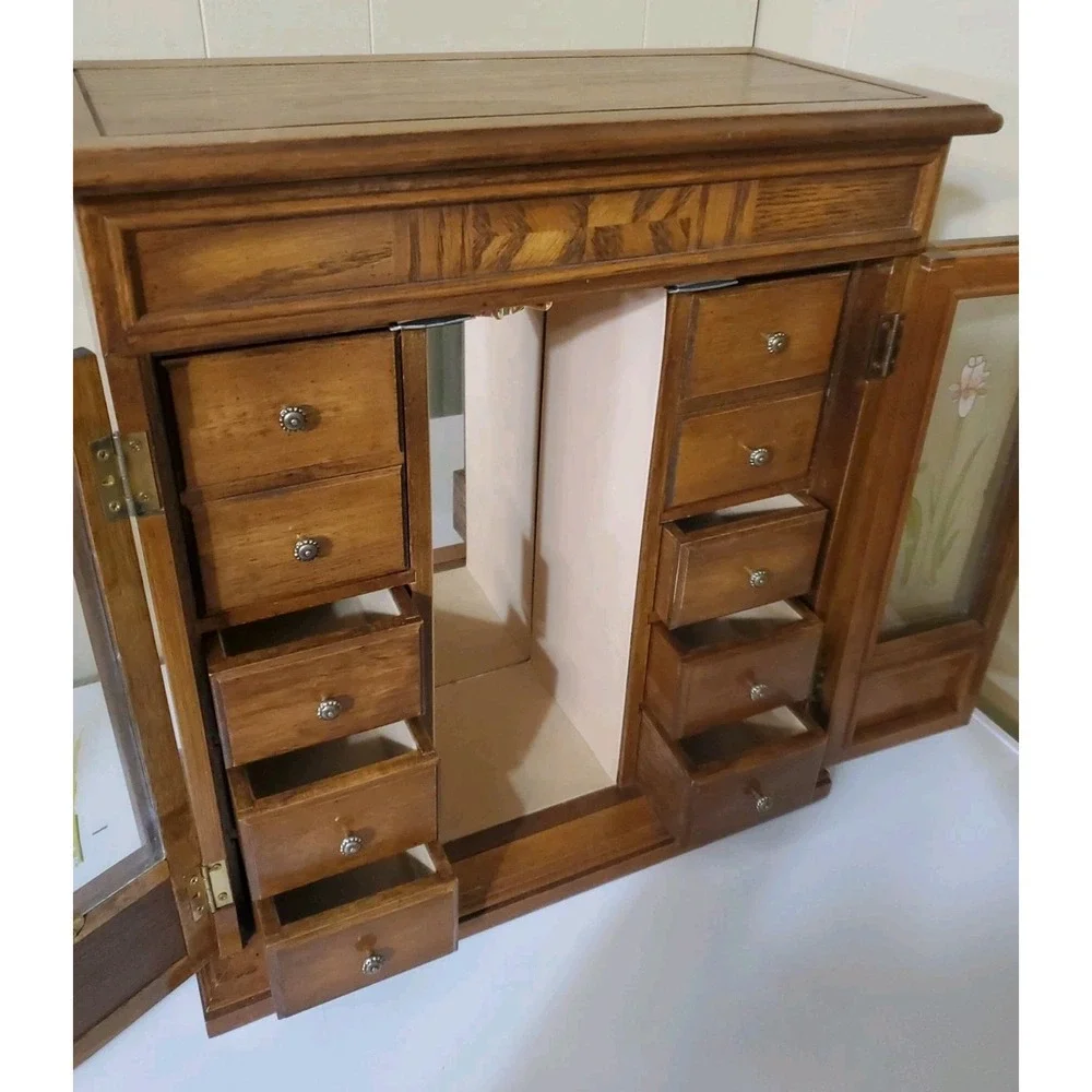 Vtg Tall Jewelry Box With 6 Drawers Mirror Cabinet Hangers Ring & Earring Holder